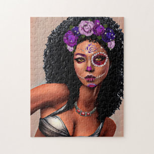 Beautiful Black African Woman Day Of the Dead Art  Jigsaw Puzzle