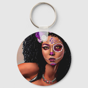 Beautiful Black African Woman Day Of the Dead Art Keychain