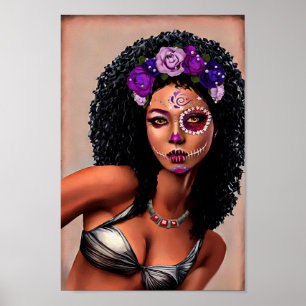 Beautiful Black African Woman Day Of the Dead Art Poster