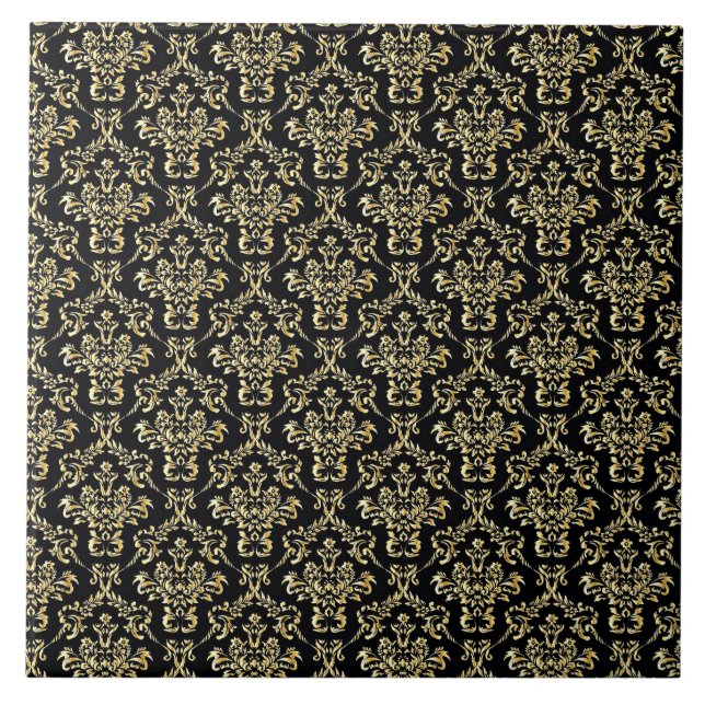 Beautiful black and gold damask pattern tile (Front)