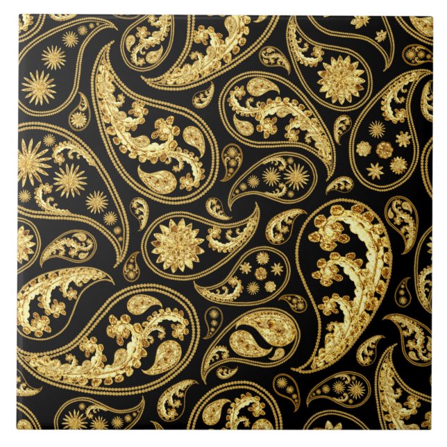 Beautiful Black and Gold Paisley Pattern Tile (Front)