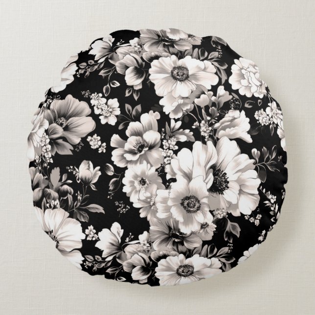 Beautiful black and light sepia tone floral  round pillow (Front)