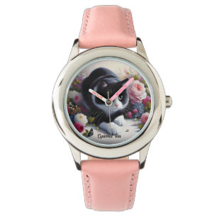 Beautiful Black and White Cat and Flowers Watch