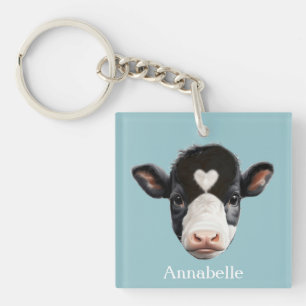 Beautiful Black and White Cow Face on Sky Blue Keychain