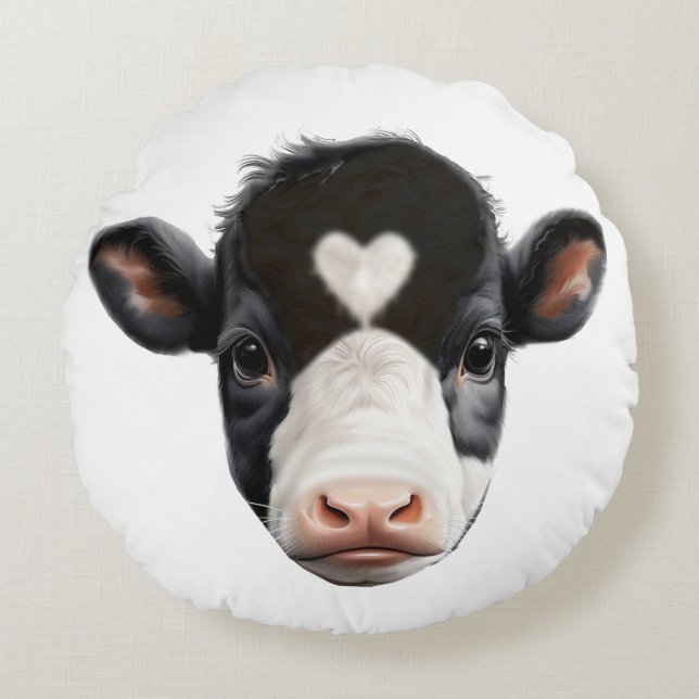 Beautiful Black and White Cow Face Round Pillow (Front)