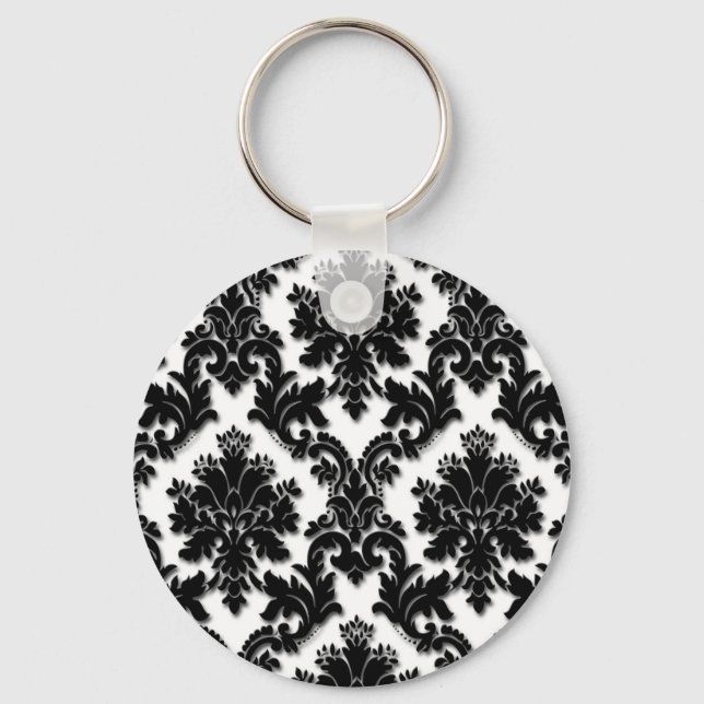 Beautiful Black and White Damask Pattern Keychain (Front)