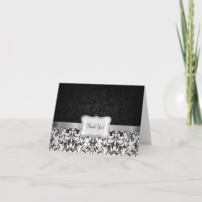 Beautiful Black and White Damask Thank You Card (Front)