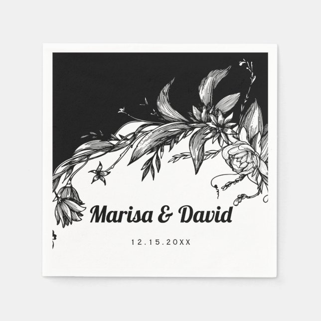 Beautiful black and white flowers wedding napkin (Front)