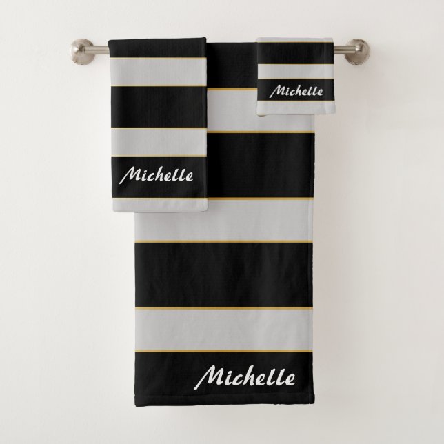 Beautiful Black and White , Gold Stripes  Bath Towel Set (Insitu)