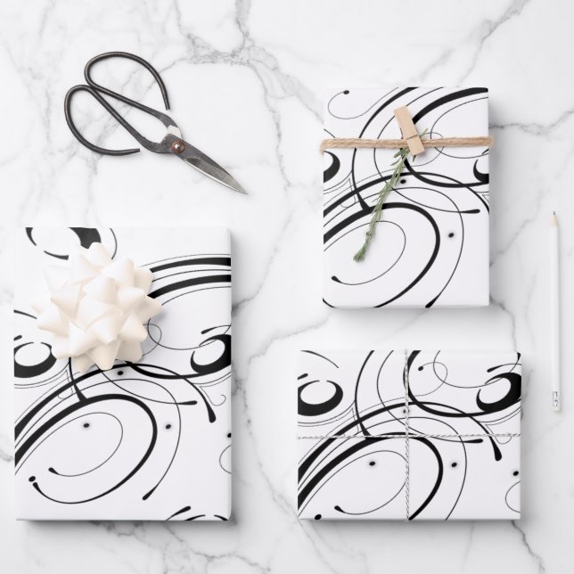 Beautiful Black and White Scroll Wrapping Paper Sheet (Front)