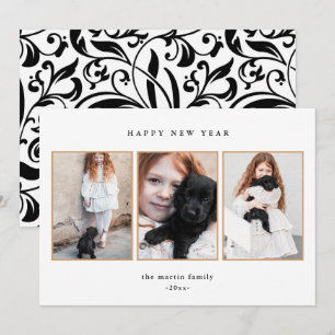 Beautiful Black and White Three Photo New Year Holiday Card