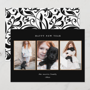 Beautiful Black and White Three Photo New Year Holiday Card