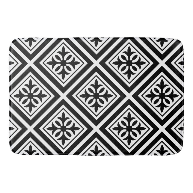 Beautiful black and white tiled ornate pattern bath mat (Front)