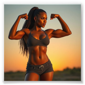 Beautiful Black Babe Bodybuilder Flexing at Sunset Photo Print