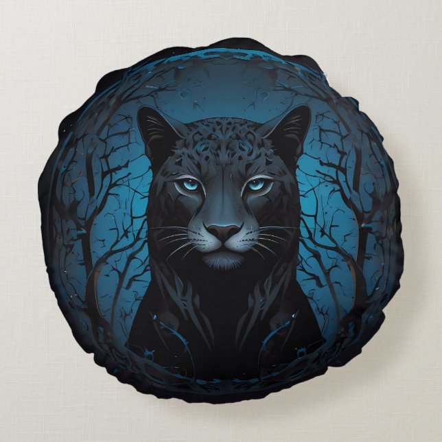 Beautiful Black Blue eyed Wild Leopard Round Pillow (Back)