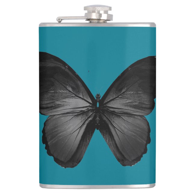 Beautiful Black Butterfly on dark blue Flask (Front)