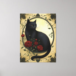 Beautiful Black Cat and Red Roses  Canvas Print