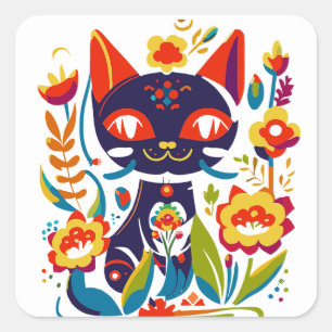 Beautiful Black Cat Folk Art Floral Illustration Square Sticker
