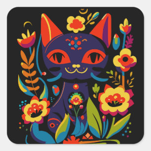 Beautiful Black Cat Folk Art Floral Illustration  Square Sticker