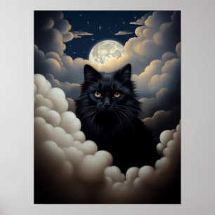 Beautiful Black Cat Sitting In The Clouds Postcard Poster