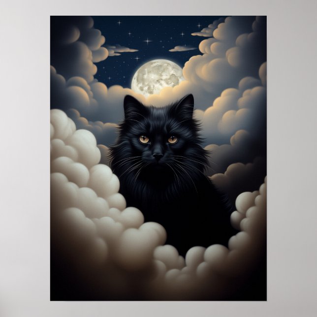 Beautiful Black Cat Sitting In The Clouds Poster (Front)