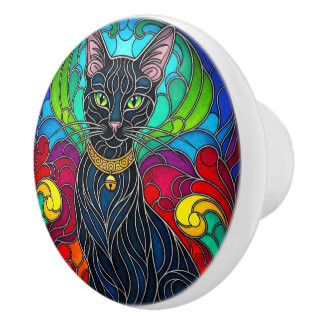 Beautiful Black Cat with Jingle Bell, Art Mosaic Ceramic Knob