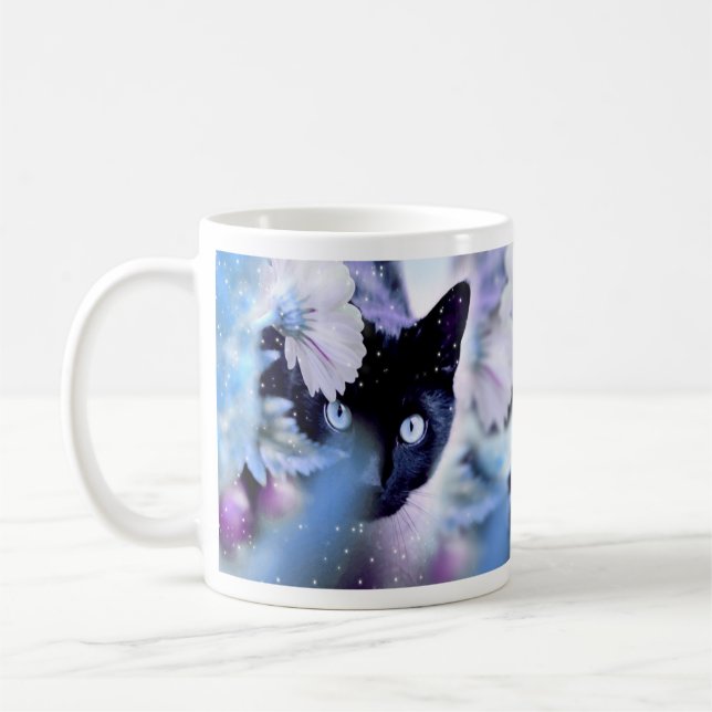 Beautiful Black Cats with Flowers Coffee Mug (Left)