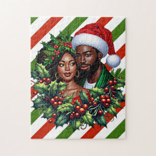 Beautiful Black couple Holly christmas wreath art Jigsaw Puzzle