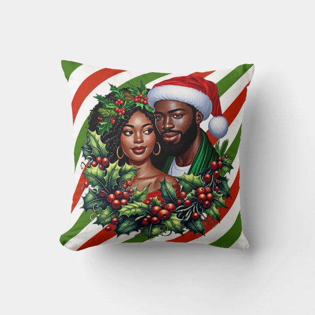 Beautiful Black couple Holly christmas wreath art Throw Pillow (Front)