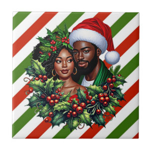 Beautiful Black couple Holly christmas wreath art Tile