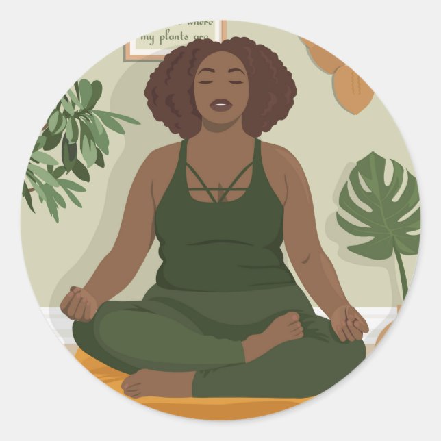 Beautiful black curvy woman meditating classic round sticker (Front)