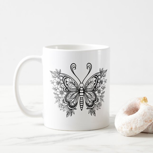 Beautiful Black floral butterfly Coffee Mug (With Donut)