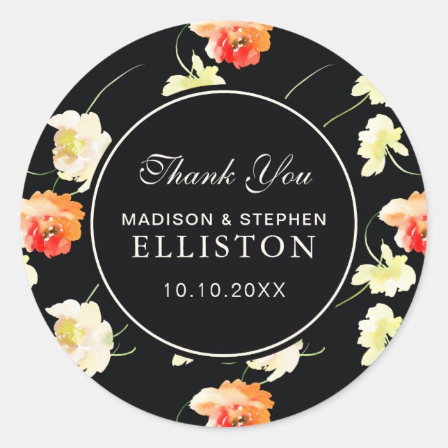 Beautiful Black Floral | Thank You Classic Round Sticker (Front)