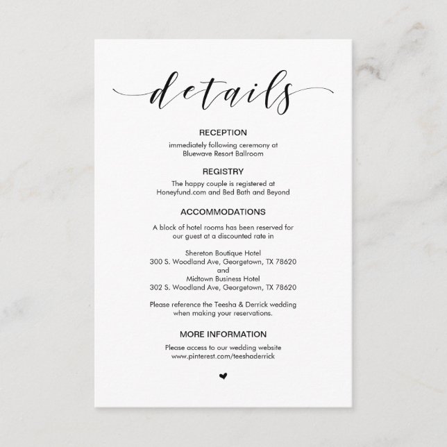 Beautiful Black font, Wedding Details Enclosure Card (Front)