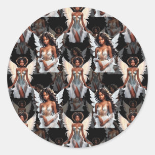 Beautiful Black Girl Angels Pattern Design -Dark Classic Round Sticker