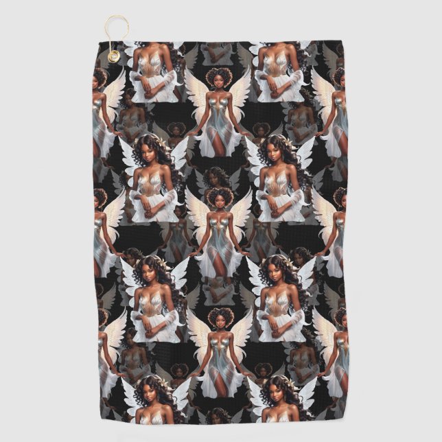 Beautiful Black Girl Angels Pattern Design -Dark Golf Towel (Front)
