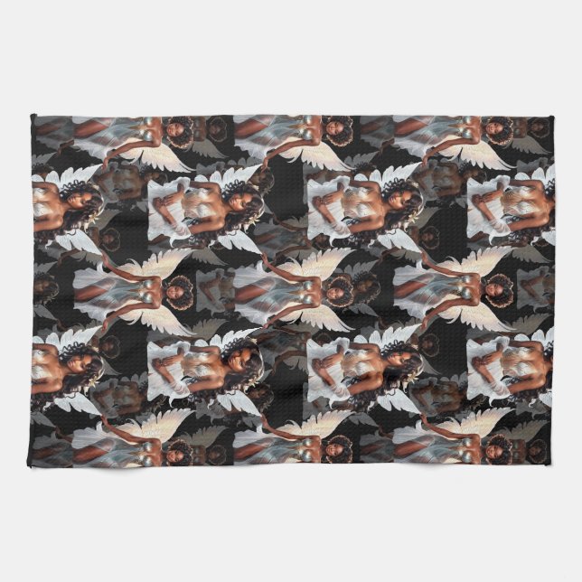 Beautiful Black Girl Angels Pattern Design -Dark Kitchen Towel (Horizontal)