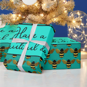 BEAUTIFUL BLACK GOLD BUMBLEBEE BEE TEXT AQUA GREEN WRAPPING PAPER