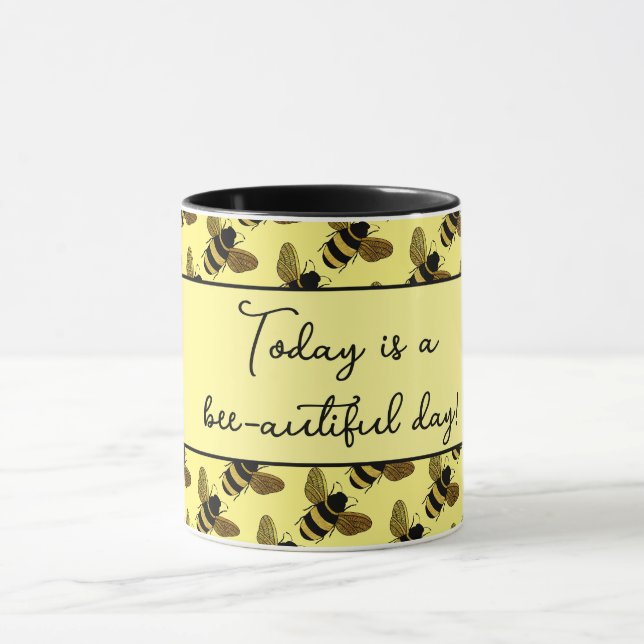 BEAUTIFUL BLACK GOLD BUMBLEBEE HAPPY BEE TEXT MUG (Center)