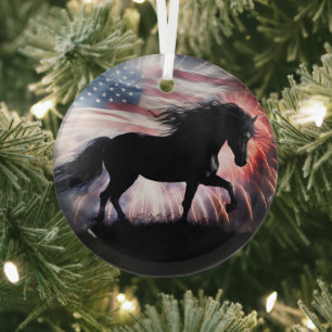 Beautiful Black Horse and American Flag  Glass Ornament