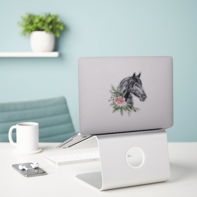 Beautiful Black Horse Head Portrait Watercolor (Laptop On Desk)