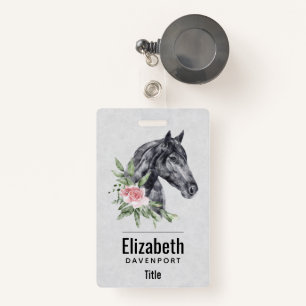 Beautiful Black Horse Head Portrait Watercolor Badge