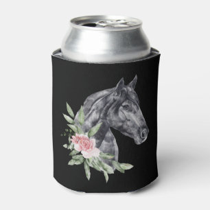 Beautiful Black Horse Head Portrait Watercolor Can Cooler