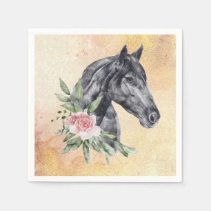 Beautiful Black Horse Head Portrait Watercolor Napkin