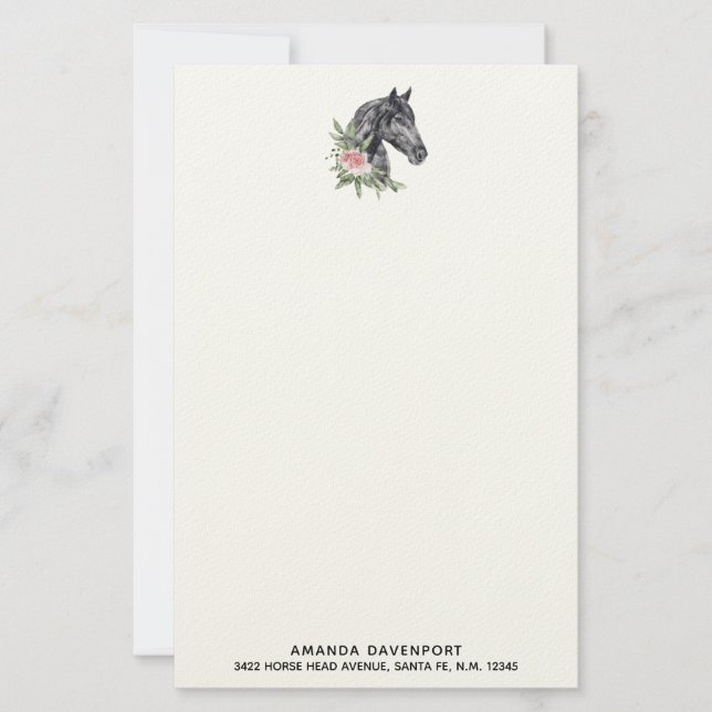 Beautiful Black Horse Head Portrait Watercolor Stationery (Front)
