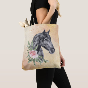 Beautiful Black Horse Head Portrait Watercolor Tote Bag