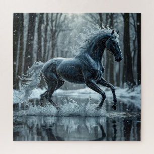 Beautiful Black Horse Running Through Water Jigsaw Puzzle