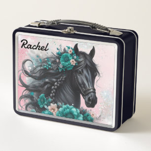Beautiful Black Horse with Teal Flowers Metal Lunch Box