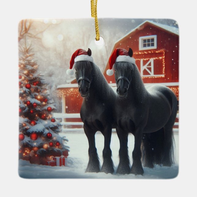 Beautiful Black Horses, Christmas Tree and Barn Ceramic Ornament (Front)