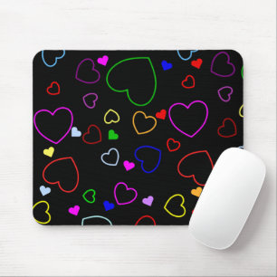 Beautiful black mousepad with colourful hearts